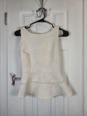 Worthington Peplum Top Ivory Floral Brocade Sleeveless Blouse Petite Small